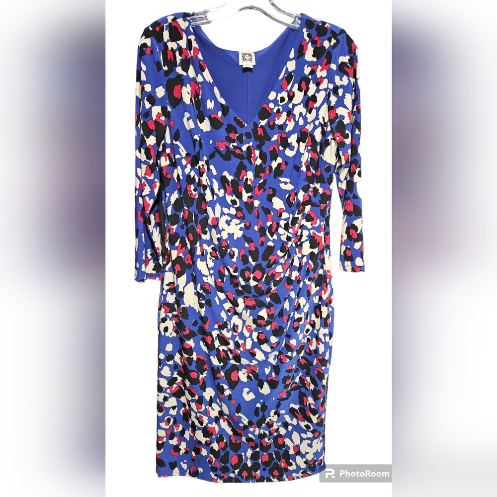 Anne Klein Red and Blue Sheath Midi Dress V-Neck 3/4 Sleeve